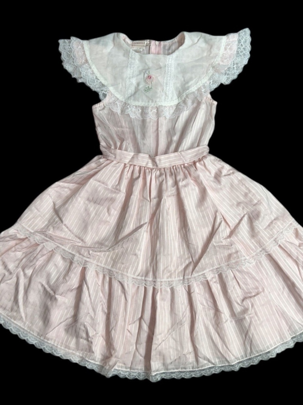 DORISSA II Vintage Pink Girls Layered Lace Floral Embroidered Dress Sz 10 Retro